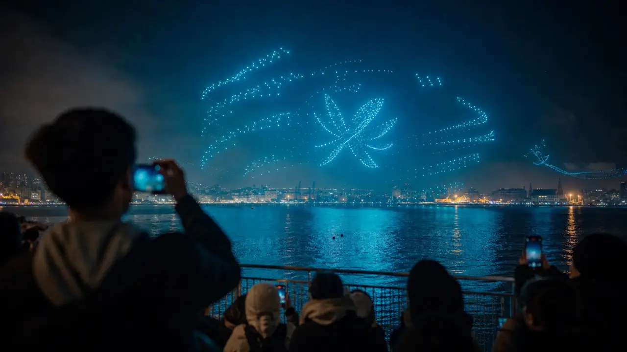 toulon 14 juillet 2025 : drones lumineux sur la rade, port de Toulon