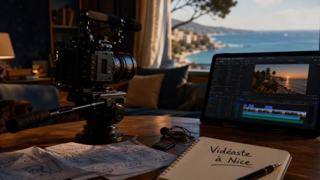 Videaste nice en studio cinéma, caméra et montage