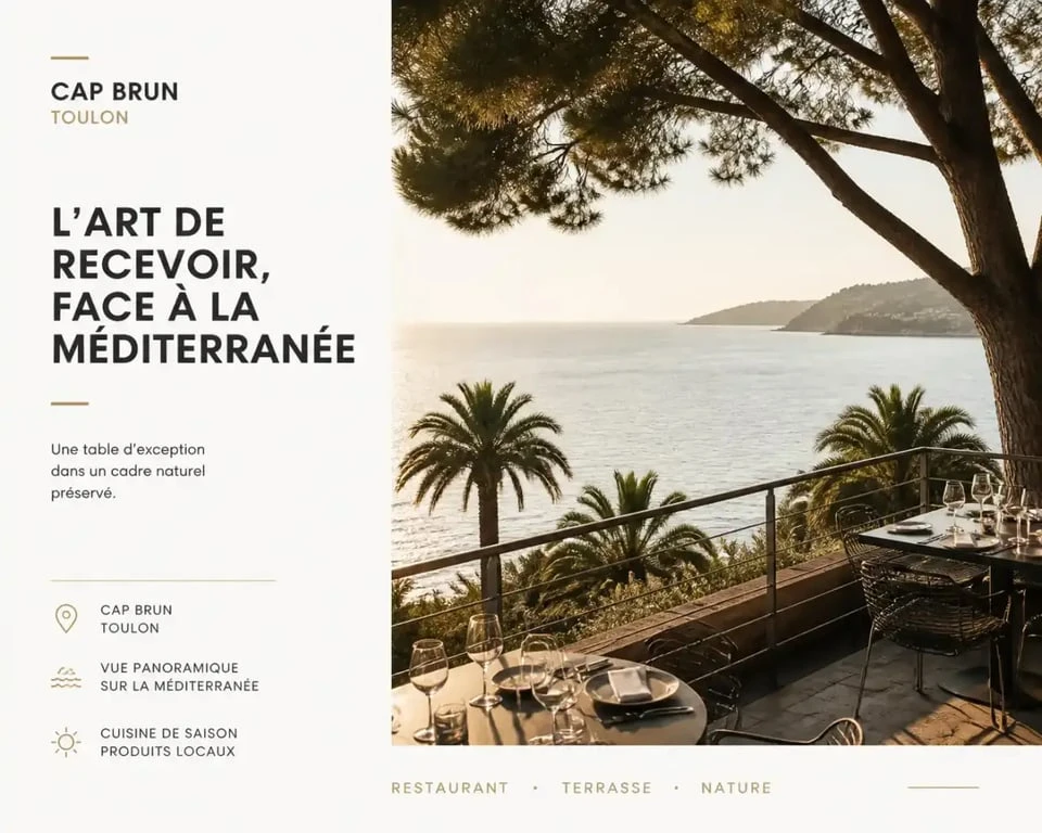 Vue mer depuis un restaurant au Cap Brun à Toulon avec jardin de pins et palmiers