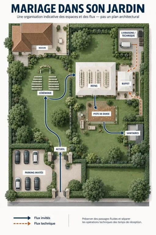 Infographie d'aménagement pour un mariage dans son jardin avec zones de cérémonie, repas, sanitaires et circulation