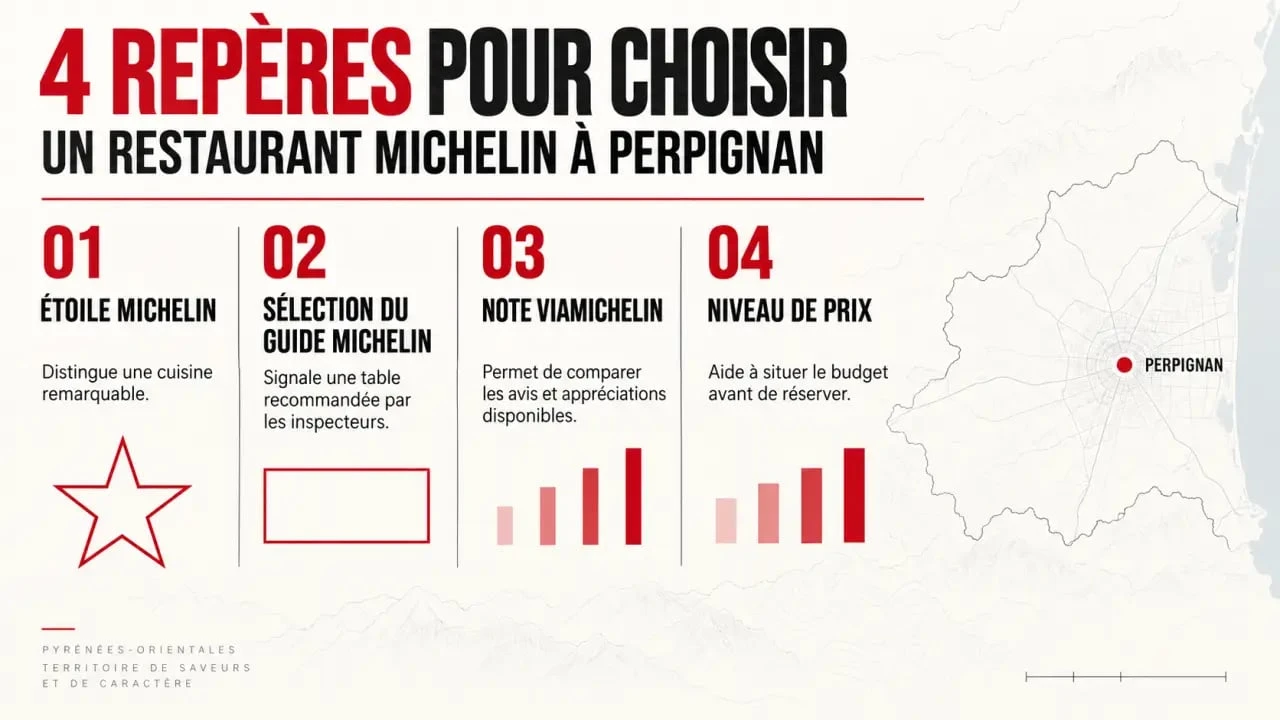 Infographie pour choisir parmi les restaurants Michelin à Perpignan selon la distinction, la note et le niveau de prix