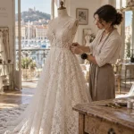Espace cérémonies Toulon, retouches robe de mariée en cabine d’essayage