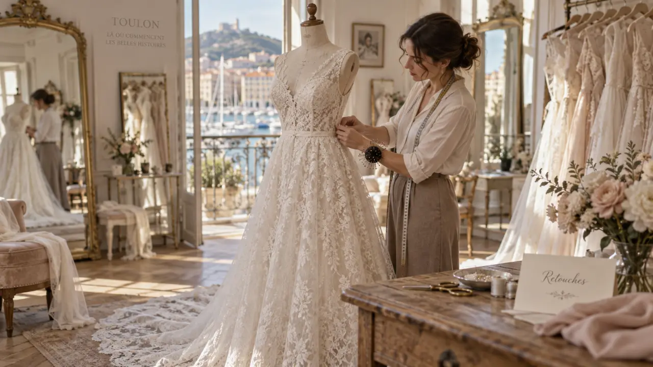 Espace cérémonies Toulon, retouches robe de mariée en cabine d’essayage