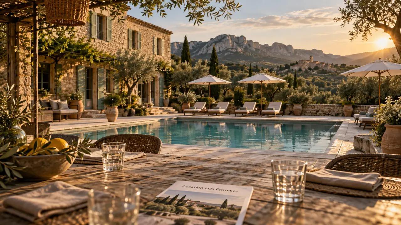 Location mas Provence : vue piscine et terrasse, mas provençal en Provence