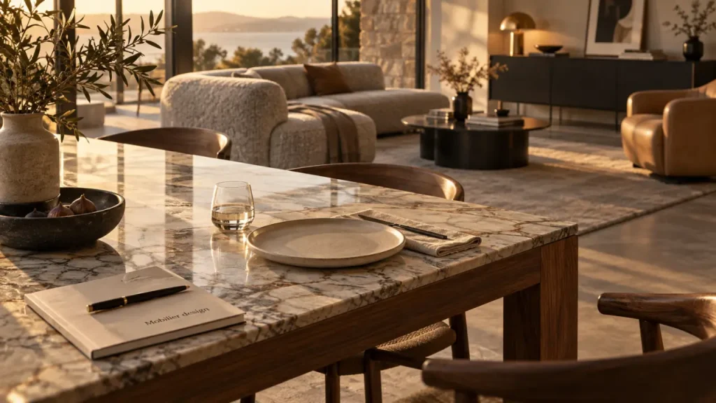 Mobilier design haut de gamme : table en marbre et canapé design