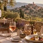 Terrasse provençale d’un restaurant entre aix et luberon, vignes et oliviers, rosé et lavande