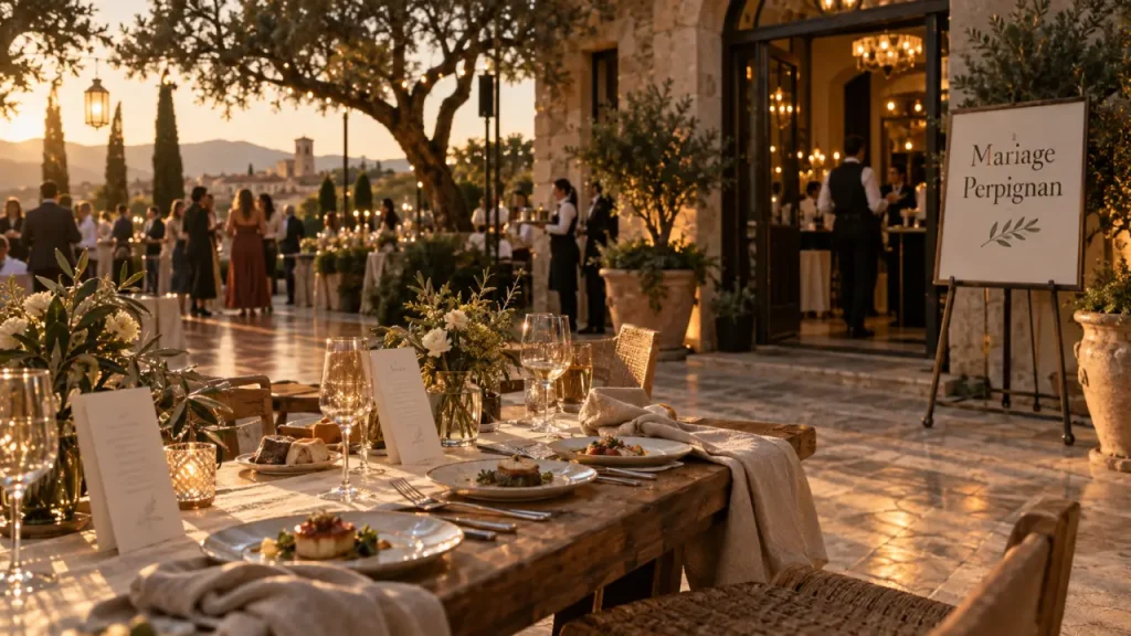 Restaurant mariage Perpignan : plan B météo en terrasse, table dressée