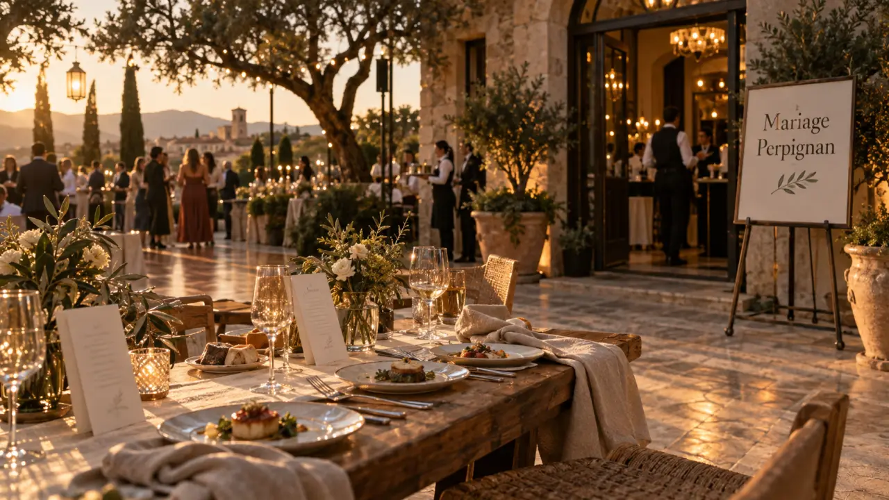 Restaurant mariage Perpignan : plan B météo en terrasse, table dressée