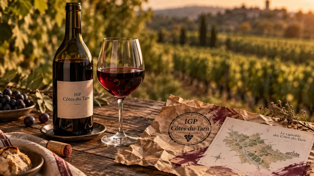 Vin de pays des cotes du tarn IGP Côtes-du-Tarn : bouteille, verre rouge et vignoble