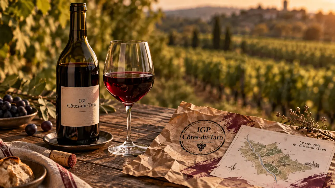 Vin de pays des cotes du tarn IGP Côtes-du-Tarn : bouteille, verre rouge et vignoble