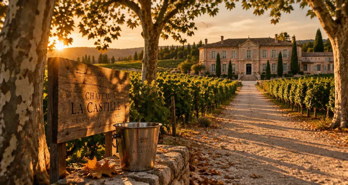 Chateau de la Castille au Var, allée de vignes dorées et château