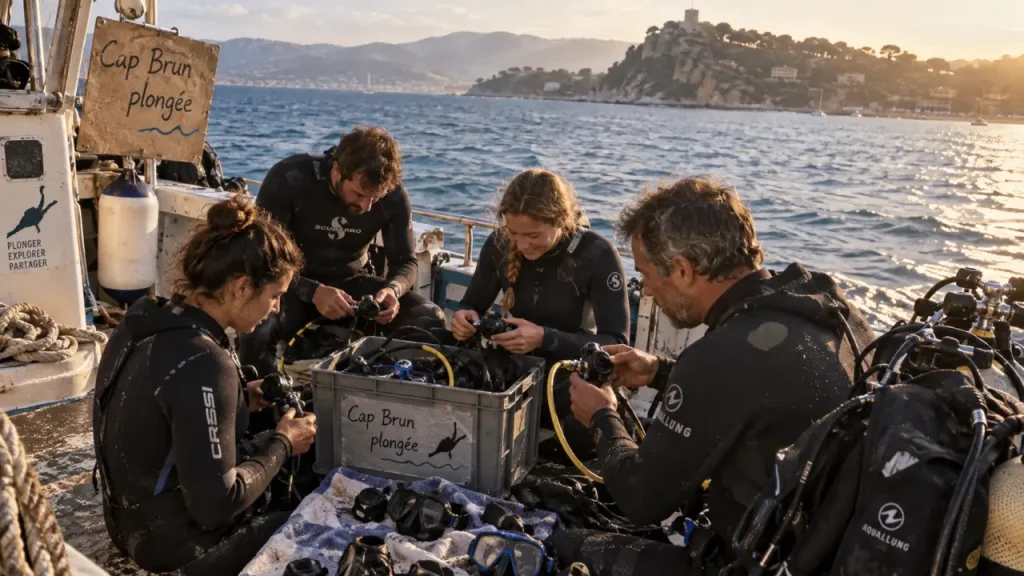 Club plongée cap brun toulon, palanquée vérifie des détendeurs sur le bateau près de la grande rade.