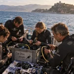 Club plongée cap brun toulon, palanquée vérifie des détendeurs sur le bateau près de la grande rade.