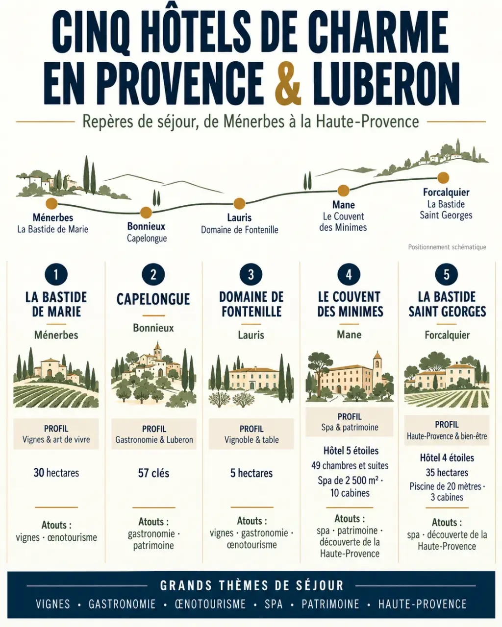 Infographie comparative des hôtels de charme en Provence et dans le Luberon à Ménerbes, Bonnieux, Lauris, Mane et Forcalquier