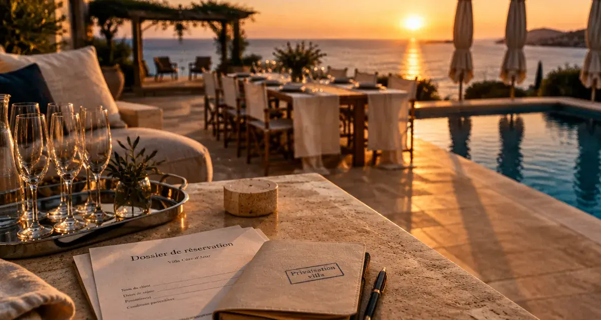 Privatisation villa Côte d’Azur : vue terrasse avec piscine privée et détails de capacité réelle